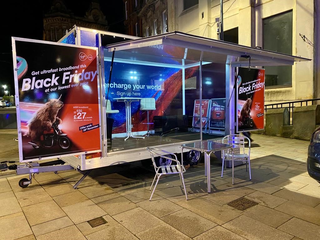 Black Friday Brand activation trailer for Virgin Media high street promotion